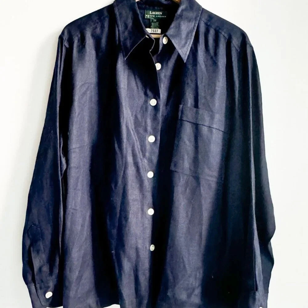 Lauren Ralph Lauren Navy Blue Linen Button Down Classic Shirt 2X